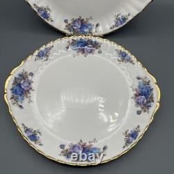 Royal Albert Moonlight Rose China Set 2 Tab Handle Cake Plates Blue Roses Gold