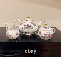 Royal Chelsea Spring Violets 3-Pc Bone China Tea Set Rare- mint condition