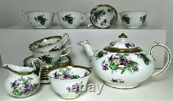 Royal Chelsea Violet Bouquet Tea Set 15 Pc Bone China Brushed Gold Teapot Cups