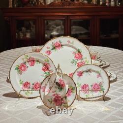 Royal Stafford Birkley Rose 35pc Dinner Set for 7 Gold Rim Bone China MINT
