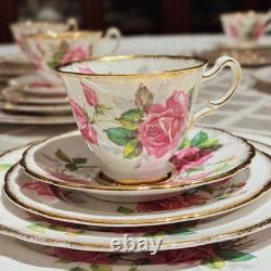 Royal Stafford Birkley Rose 35pc Dinner Set for 7 Gold Rim Bone China MINT