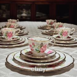 Royal Stafford Birkley Rose 35pc Dinner Set for 7 Gold Rim Bone China MINT