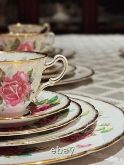 Royal Stafford Birkley Rose 35pc Dinner Set for 7 Gold Rim Bone China MINT