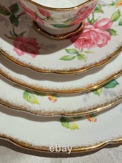 Royal Stafford Birkley Rose 35pc Dinner Set for 7 Gold Rim Bone China MINT