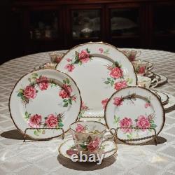 Royal Stafford Birkley Rose 35pc Dinner Set for 7 Gold Rim Bone China MINT
