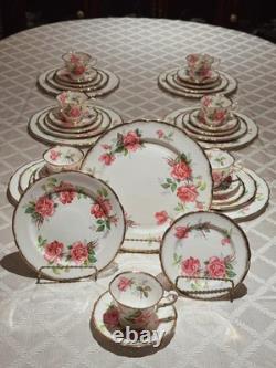 Royal Stafford Birkley Rose 35pc Dinner Set for 7 Gold Rim Bone China MINT