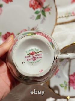 Royal Stafford Birkley Rose 35pc Dinner Set for 7 Gold Rim Bone China MINT