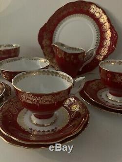 Royal Standard Vintage Red Bone China 15 Pcs Tea Set, 24k Gold Trim, England