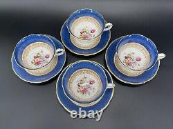 Royal Swansea Fortune Cobalt Blue Tea Cup Saucer Set x 4 Bone China England