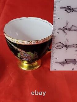 SHELLEY EXOTIC BIRD Black CUP & SAUCER Ripon Shape Hand Decorated Enamel & Gold