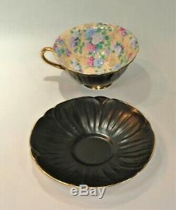 SHELLEY English China SUMMER GLORY Cup and Saucer Set Black OLEANDER Shape