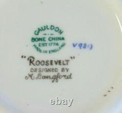 Set/11 Cauldon Bone China Roosevelt Cup Saucer Set blue leaves gold trim England