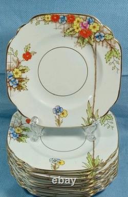 Set 13 Rosina Bone China England Square 6 Plates Art Deco Floral Gold Edge