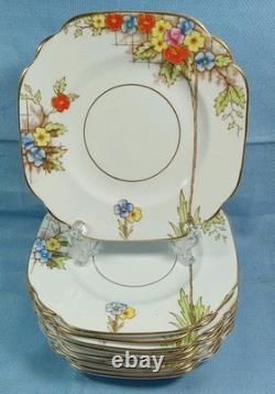 Set 13 Rosina Bone China England Square 6 Plates Art Deco Floral Gold Edge