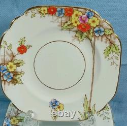 Set 13 Rosina Bone China England Square 6 Plates Art Deco Floral Gold Edge