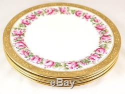 Set 4 Dinner Plates Pink Roses Raised Gold Encrusted Shelley China England 8236