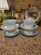 Set 4 Wedgwood Ulander Powder Turquoise Peony Shape Footed Cup & Saucer Teacup
