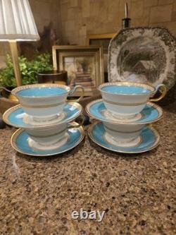 Set 4 Wedgwood Ulander Powder Turquoise Peony Shape Footed Cup & Saucer Teacup