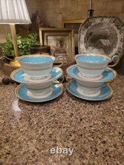 Set 4 Wedgwood Ulander Powder Turquoise Peony Shape Footed Cup & Saucer Teacup