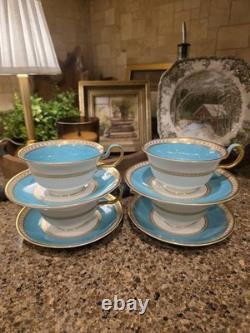 Set 4 Wedgwood Ulander Powder Turquoise Peony Shape Footed Cup & Saucer Teacup