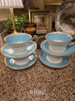 Set 4 Wedgwood Ulander Powder Turquoise Peony Shape Footed Cup & Saucer Teacup