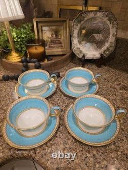 Set 4 Wedgwood Ulander Powder Turquoise Peony Shape Footed Cup & Saucer Teacup