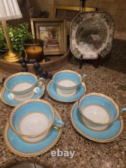 Set 4 Wedgwood Ulander Powder Turquoise Peony Shape Footed Cup & Saucer Teacup