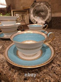 Set 4 Wedgwood Ulander Powder Turquoise Peony Shape Footed Cup & Saucer Teacup