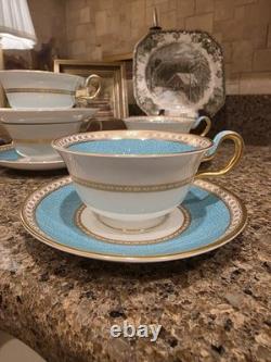 Set 4 Wedgwood Ulander Powder Turquoise Peony Shape Footed Cup & Saucer Teacup