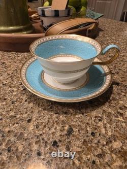 Set 4 Wedgwood Ulander Powder Turquoise Peony Shape Footed Cup & Saucer Teacup