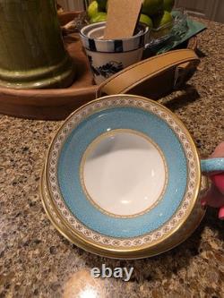 Set 4 Wedgwood Ulander Powder Turquoise Peony Shape Footed Cup & Saucer Teacup