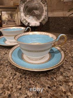 Set 4 Wedgwood Ulander Powder Turquoise Peony Shape Footed Cup & Saucer Teacup