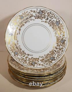 Set 8 Copelands Grosvenor 8 inch Plates # 9694 Hand Painted Gilt w Gray Leaves