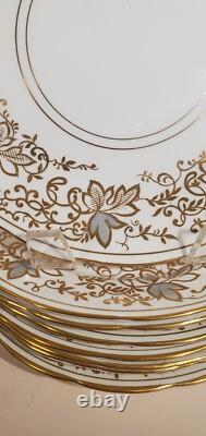 Set 8 Copelands Grosvenor 8 inch Plates # 9694 Hand Painted Gilt w Gray Leaves