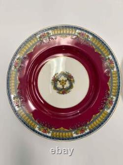 Set 9 Antique 1927 Mintons England K254 Maroon Floral Enameled 10 Dinner Plates