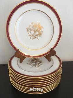 Set Of 12 Spode Bone China England Dinner Plate Marroon Border Gold Trim