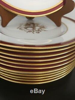Set Of 12 Spode Bone China England Dinner Plate Marroon Border Gold Trim