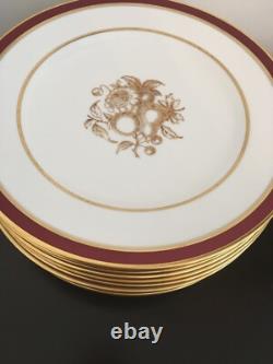 Set Of 12 Spode Bone China England Dinner Plate Marroon Border Gold Trim