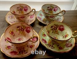 Set Of 4 EB Foley Tea Cup & Saucer Bone China Blue Green 2 Pink Floral Gold Trim