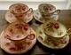 Set Of 4 EB Foley Tea Cup & Saucer Bone China Blue Green 2 Pink Floral Gold Trim