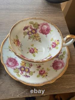 Set Of 4 EB Foley Tea Cup & Saucer Bone China Blue Green 2 Pink Floral Gold Trim