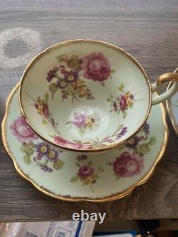 Set Of 4 EB Foley Tea Cup & Saucer Bone China Blue Green 2 Pink Floral Gold Trim