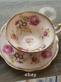 Set Of 4 EB Foley Tea Cup & Saucer Bone China Blue Green 2 Pink Floral Gold Trim