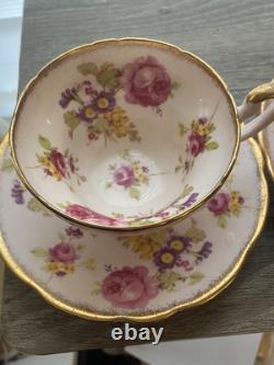 Set Of 4 EB Foley Tea Cup & Saucer Bone China Blue Green 2 Pink Floral Gold Trim