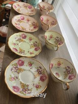 Set Of 4 EB Foley Tea Cup & Saucer Bone China Blue Green 2 Pink Floral Gold Trim