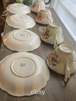 Set Of 4 EB Foley Tea Cup & Saucer Bone China Blue Green 2 Pink Floral Gold Trim