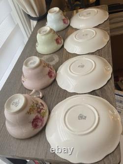 Set Of 4 EB Foley Tea Cup & Saucer Bone China Blue Green 2 Pink Floral Gold Trim