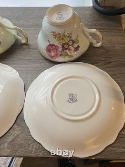 Set Of 4 EB Foley Tea Cup & Saucer Bone China Blue Green 2 Pink Floral Gold Trim
