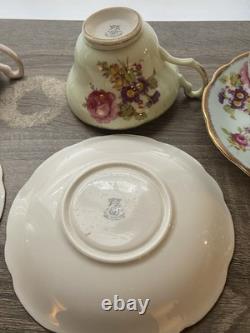 Set Of 4 EB Foley Tea Cup & Saucer Bone China Blue Green 2 Pink Floral Gold Trim