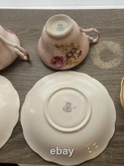 Set Of 4 EB Foley Tea Cup & Saucer Bone China Blue Green 2 Pink Floral Gold Trim